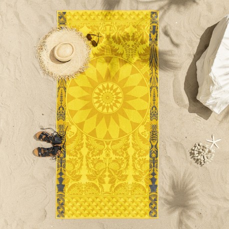 Serviette de plage éponge velours Soleil Jaune, Le Jacquard Français