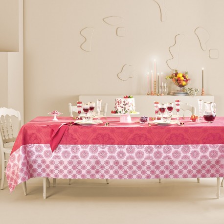 Nappe enduite sur mesure Mille Rosaces Framboise laize 180cm, Garnier-Thiébaut