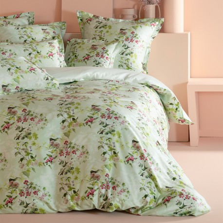 Garnier-Thiébaut - Housse de couette imprimée en satin de coton 120 fils/cm² Foliage Vert d'eau