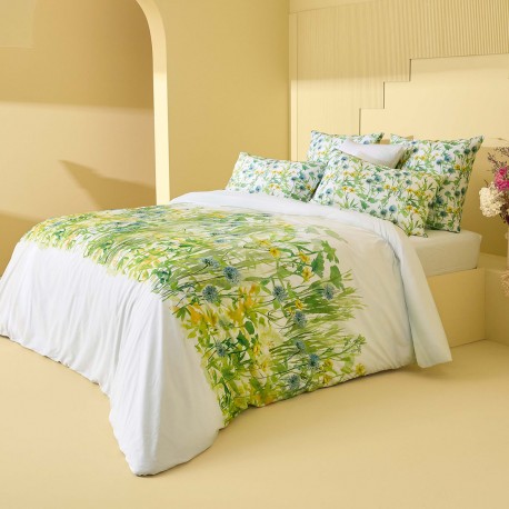 Garnier-Thiébaut - Ensemble Housse de couette + 2 Taies en percale de coton 80 fils/cm² Aube Florale Prairie