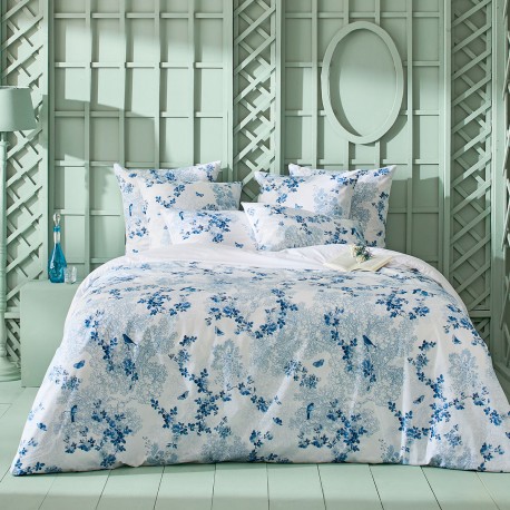 Garnier-Thiébaut - Parure de lit imprimée en percale de coton 80 fils/cm² Volière Bleu